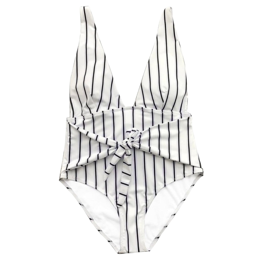 Women's White and Black Stripe One-Piece Swimsuit with Front Tie